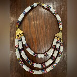 Tribal beaded white 3 strand statement necklace